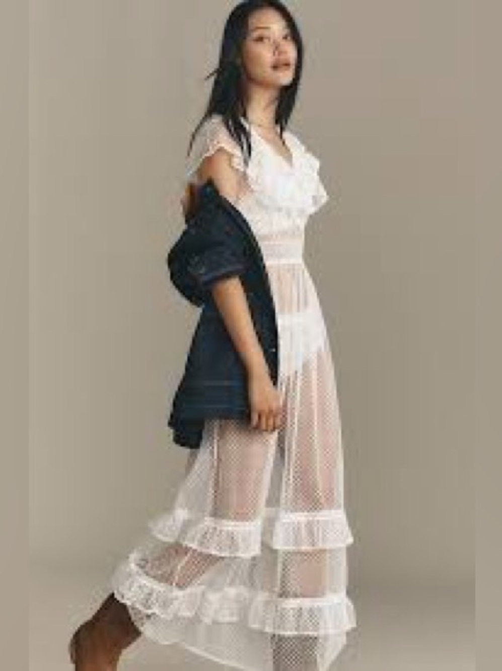 By Anthropologie Ruffle Sheer Mesh Maxi Dress small white
